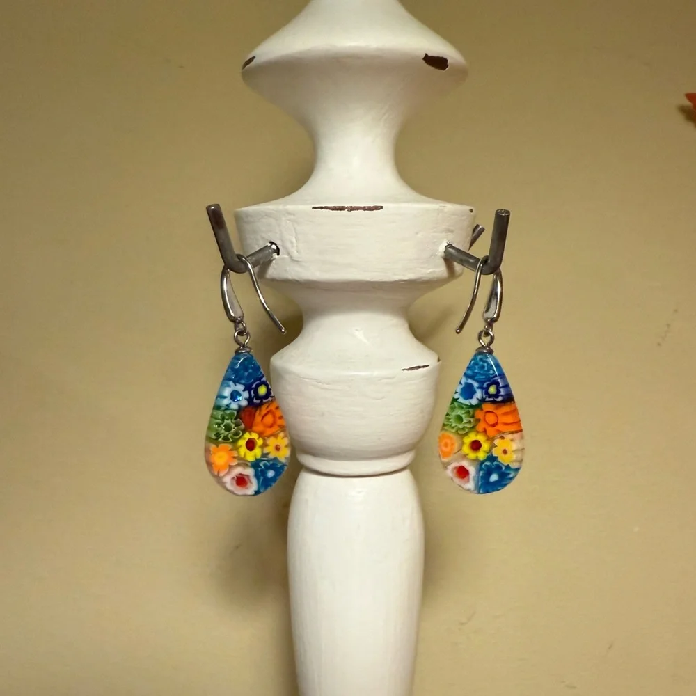 Multi Color Murano Style Millefiori Drop Earrings - Picture 5 of 6